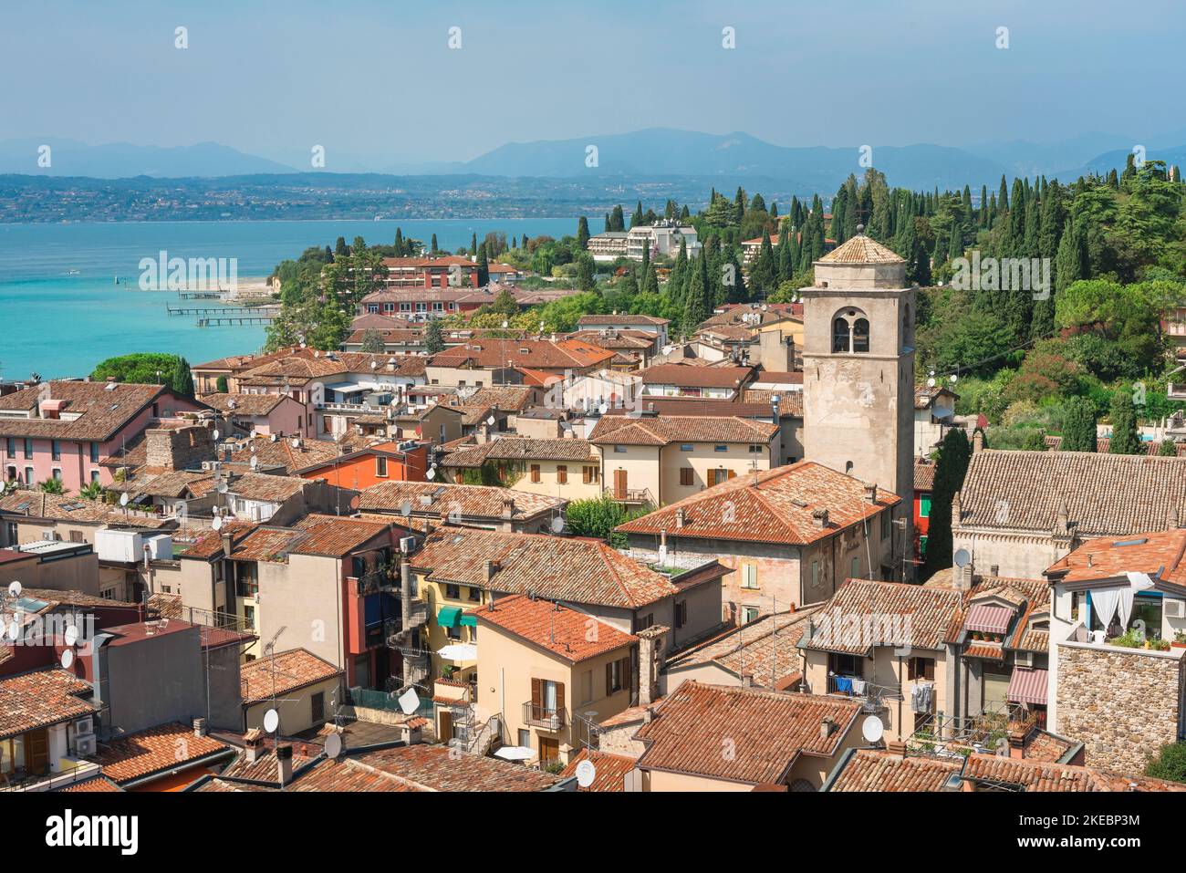 Lake Garda town, view in summer across the rooftops of the scenic lakeside town of Sirmione, Lombardy, Italy Stock Photo