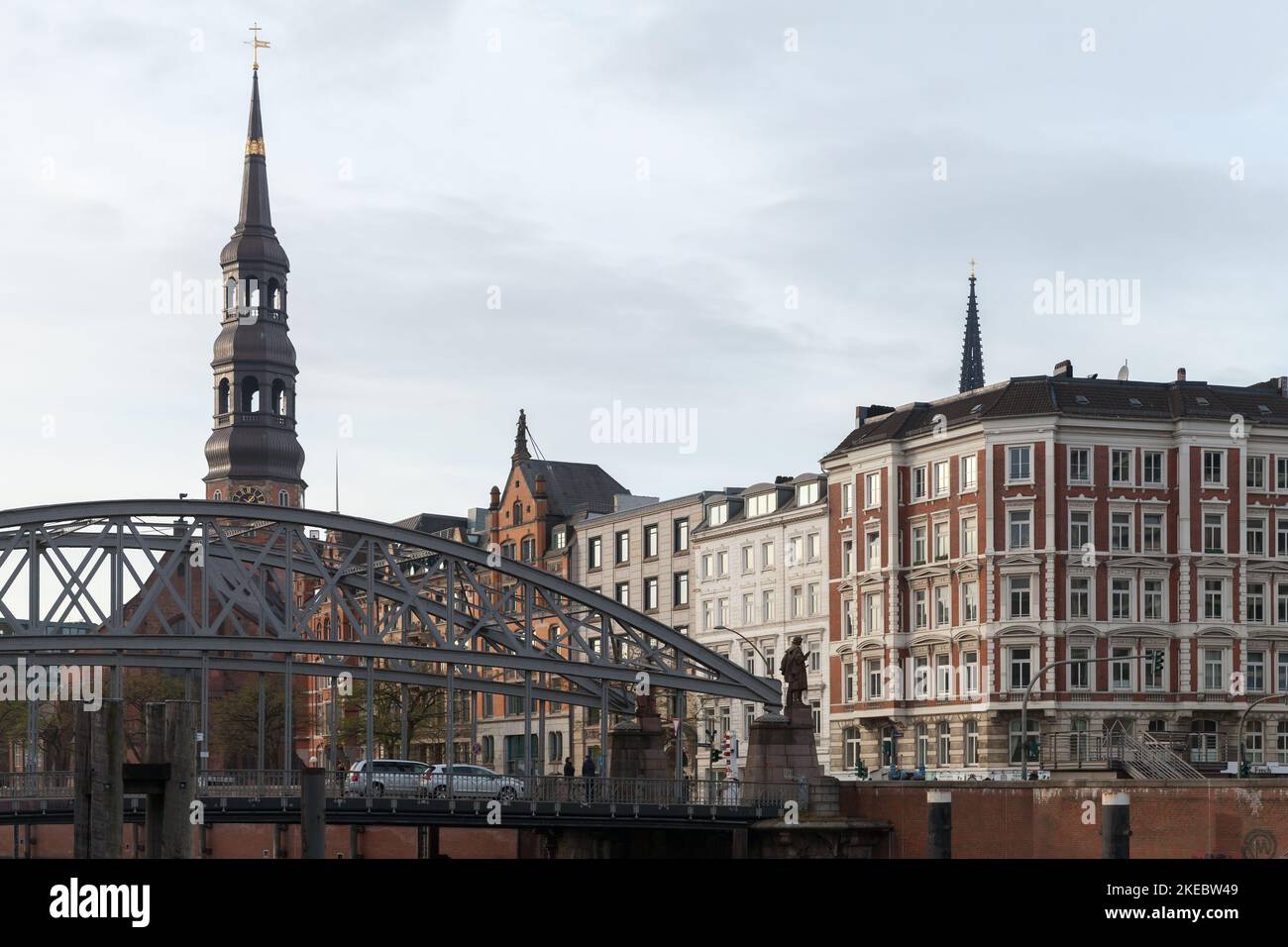 Hamburg, Germany - November 30, 2018: Hamburg old town street view with the St. Catherines Church and Kornhausbrucke bridge Stock Photo