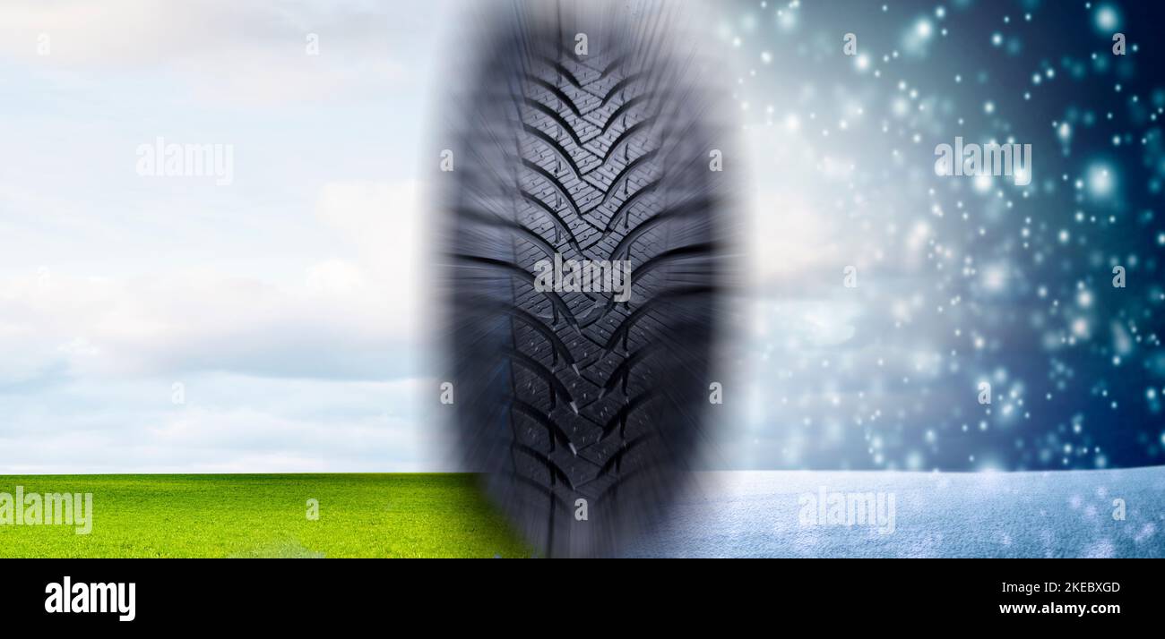 Season change from summer to winter with car tires in foreground Stock