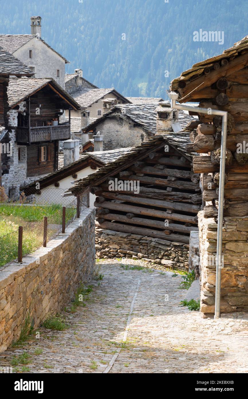 The rural architecture of Soglio village in the Bregaglia range - Switzerland. Stock Photo