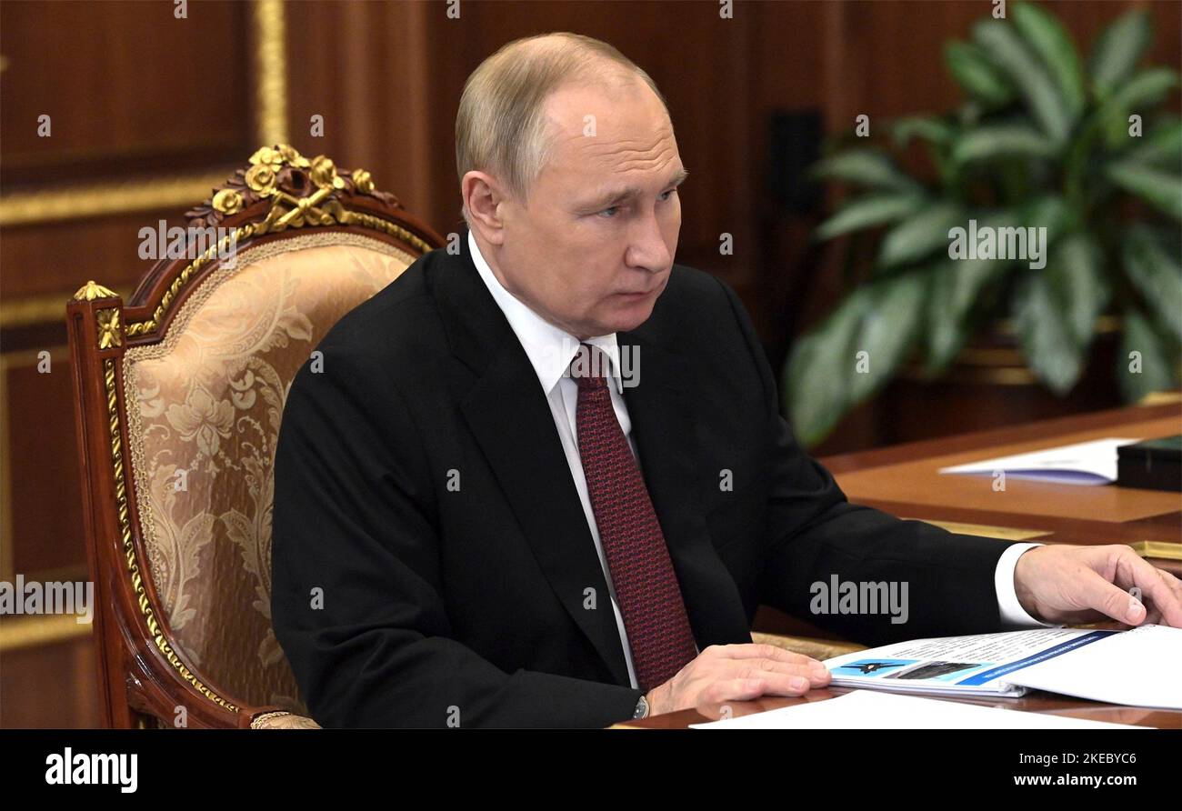 Moscow, Russia. 11th Nov, 2022. Russian President Vladimir Putin holds a face-to-face meeting with the Russian Academy of Sciences President Gennady Krasnikov, at the Kremlin office, November 11, 2022 in Moscow, Russia. Credit: Aleksey Babushkin/Kremlin Pool/Alamy Live News Stock Photo