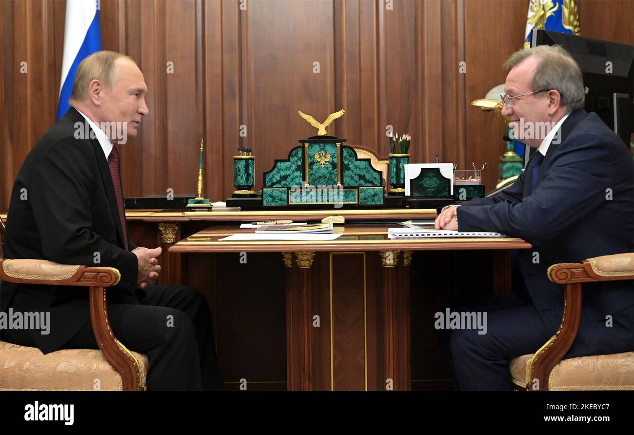 Moscow, Russia. 11th Nov, 2022. Russian President Vladimir Putin holds a face-to-face meeting with the Russian Academy of Sciences President Gennady Krasnikov, right, at the Kremlin office, November 11, 2022 in Moscow, Russia. Credit: Aleksey Babushkin/Kremlin Pool/Alamy Live News Stock Photo