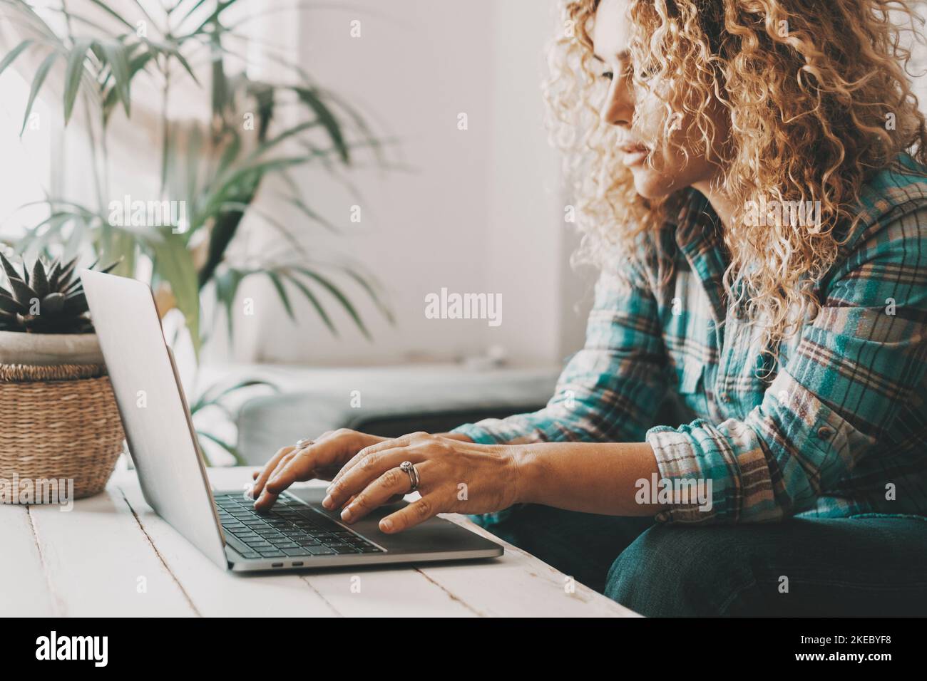 People working on computer at home. One woman write and use laptop with internet online connection. Modern female use notebook and work. Indoor leisure activity and technology. Searching on web Stock Photo
