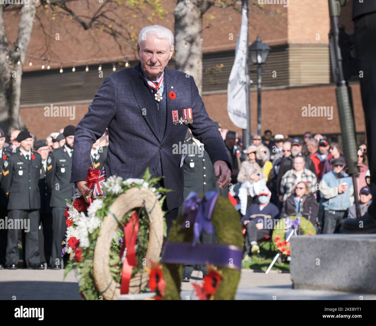 Halifax, Nova Scotia, Canada. November 11th, 2022. British Honorary Consul in Halifax, Mr. Alfred A. Smithers placing a wreath at Remembrance Day at a ceremony held at the Halifax Cenotaph. Credit: meanderingemu/Alamy Live News Stock Photo