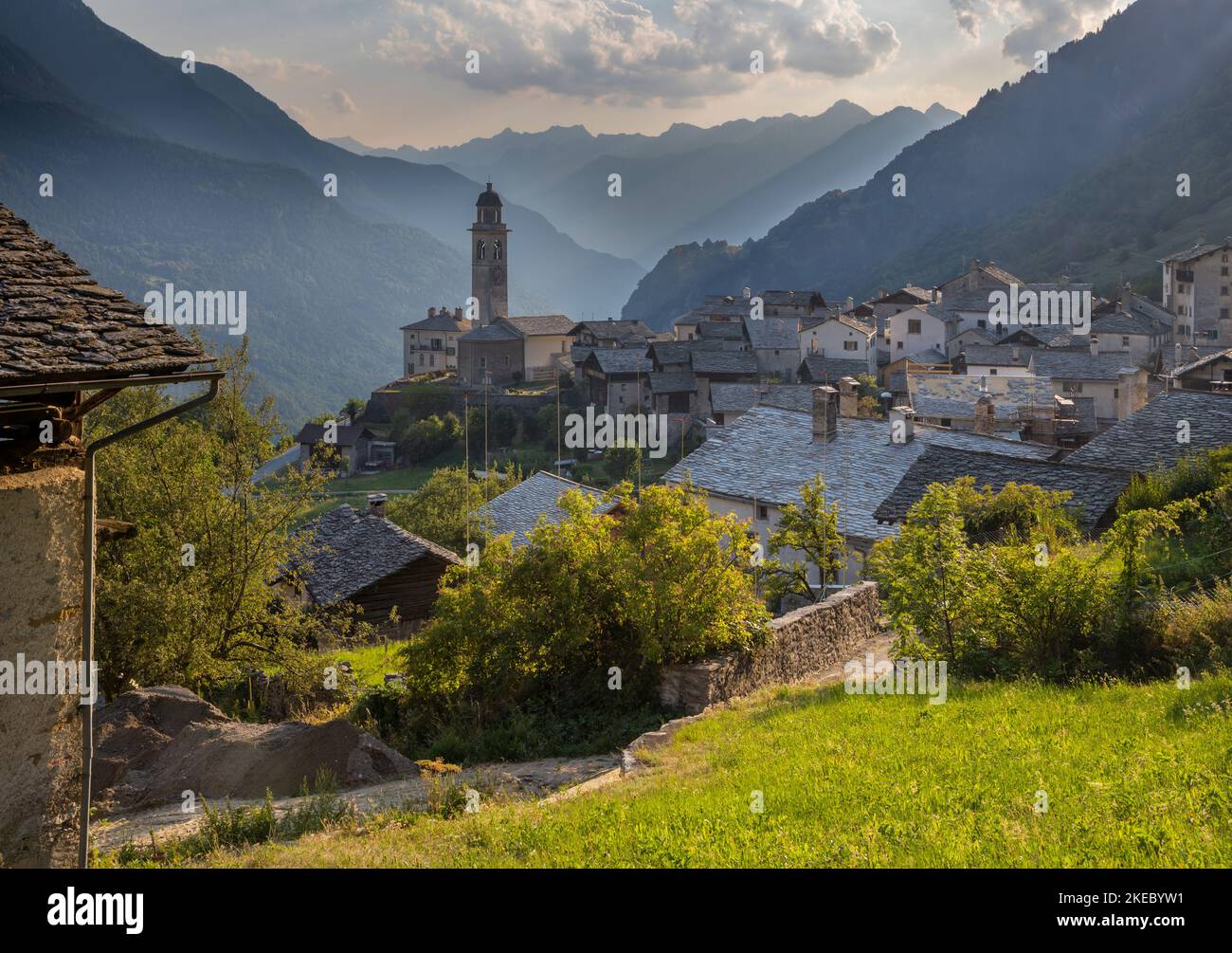 The Soglio village in the Bregaglia range - Switzerland. Stock Photo