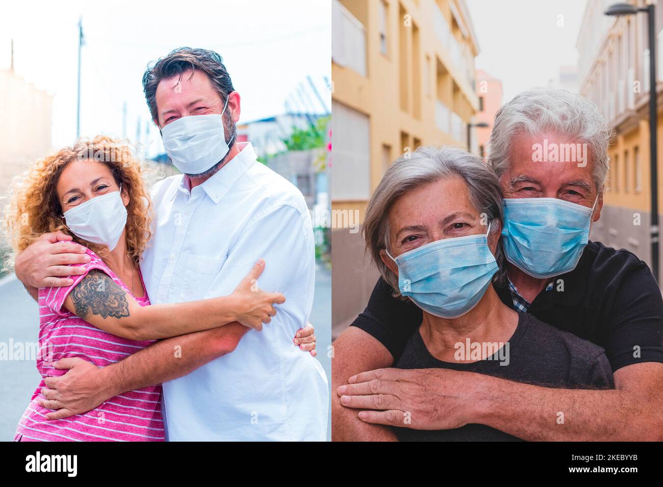 collage of two couples of people wearing mask on their faces to prevent covid-19 or coronavirus or some virus and disease - senior and mature people in love Stock Photo
