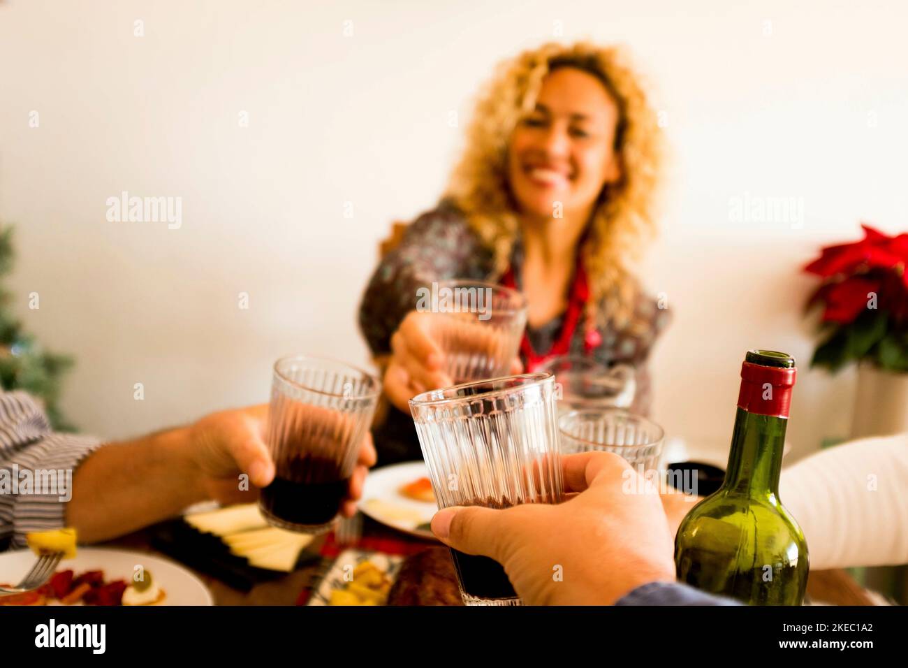 close up of hand of man holding a glass with wine and clinking with other three people at the table eating - family dinner together having fun Stock Photo