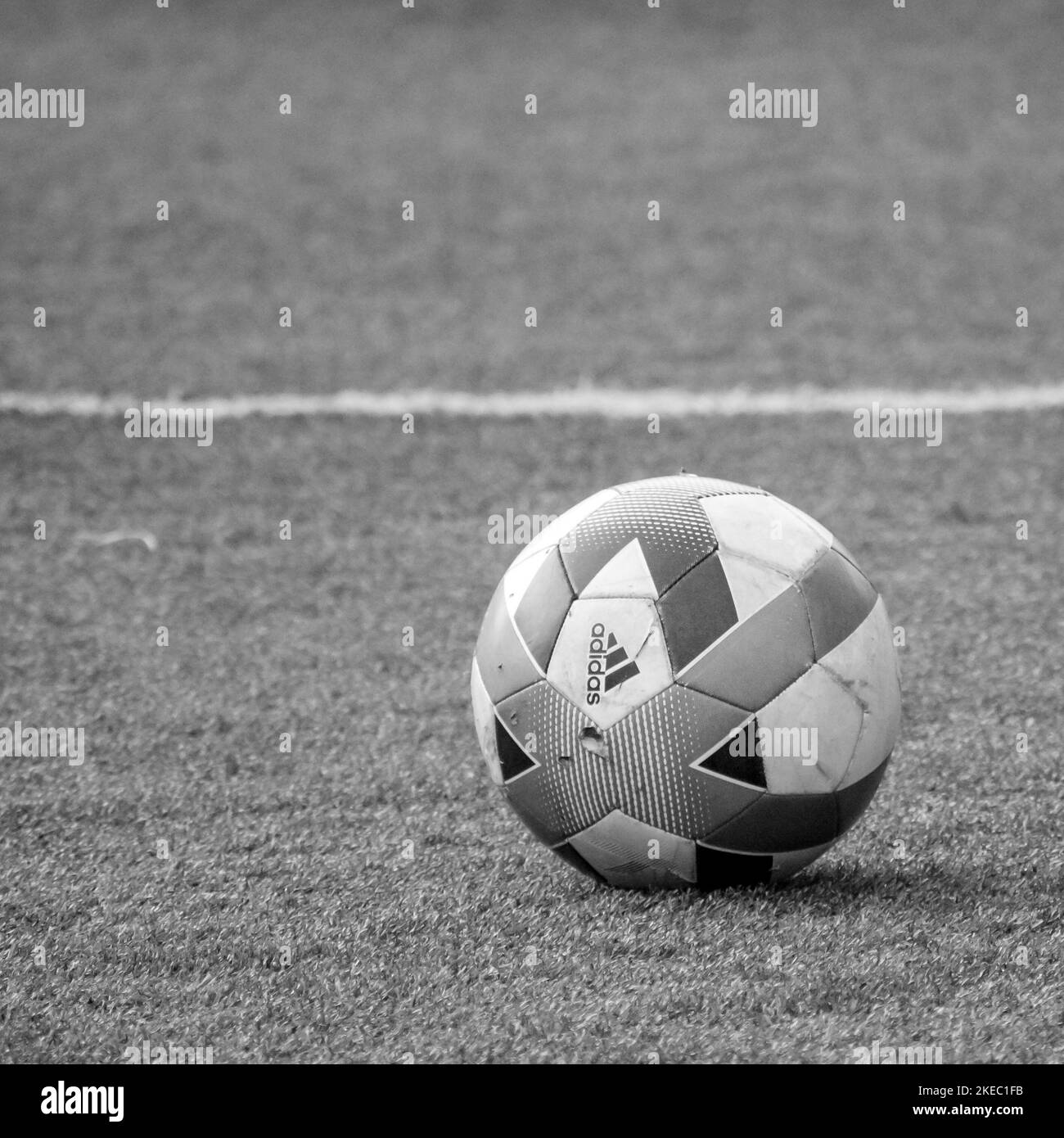 New Delhi, India - July 01 2018: The official adidas football during the championship League, Adidas football in the middle of fields Stock Photo