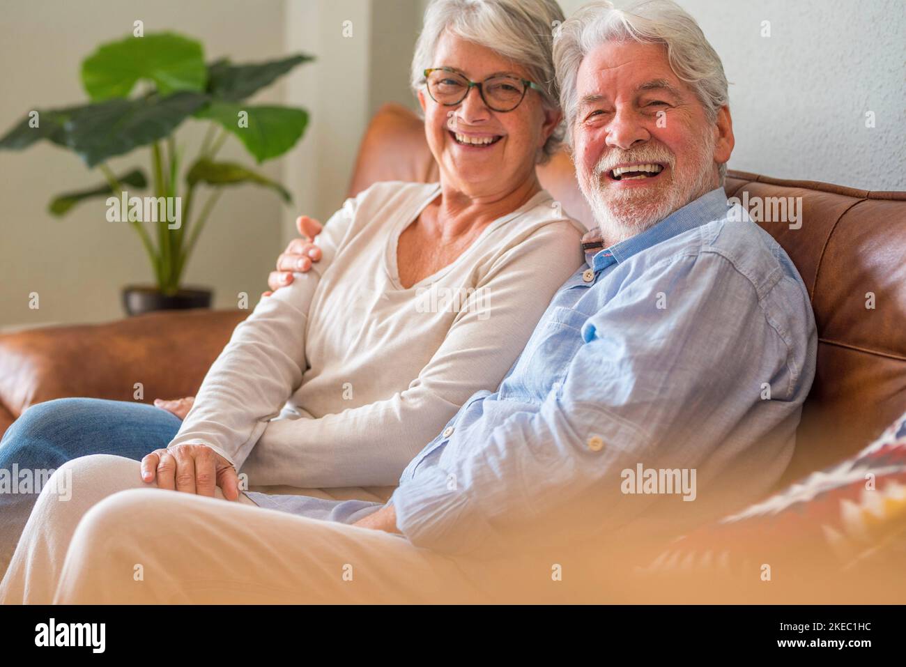 Portrait of cheerful senior couple embracing while sitting on sofa and smiling. Elderly happy couple relaxing and posing in front of camera sitting in living room. Stock Photo
