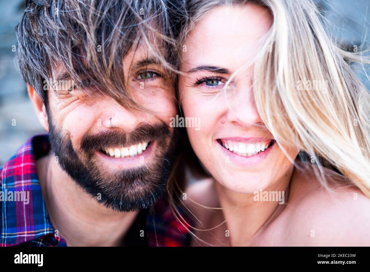 close up and portrait of beautiful and handsome man and woman togethe