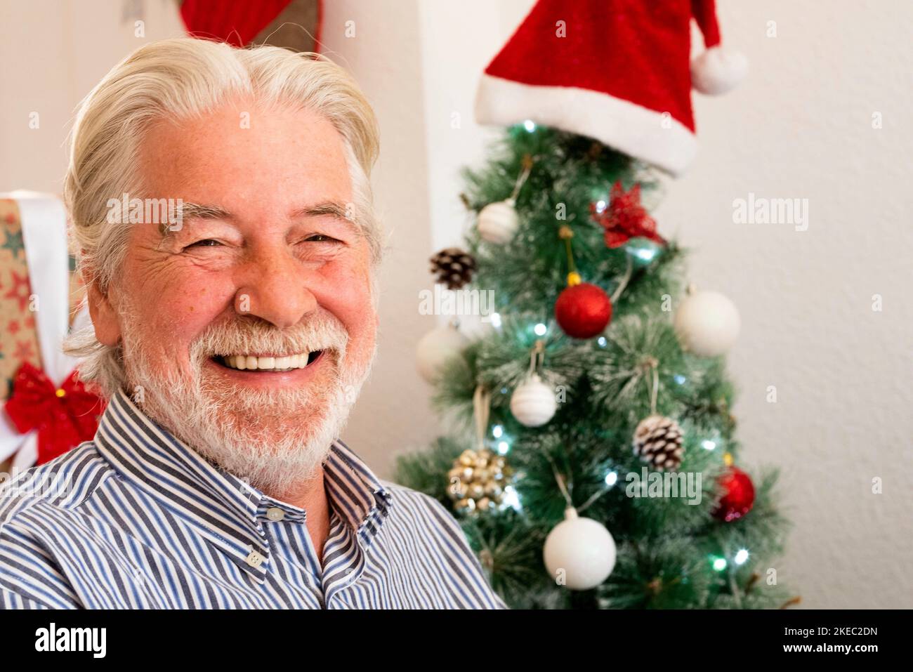 portrait and close up of old mature man smiling and laughing looking at the camera with a christmas tree at the background - old pensioner people at christmas day at home Stock Photo