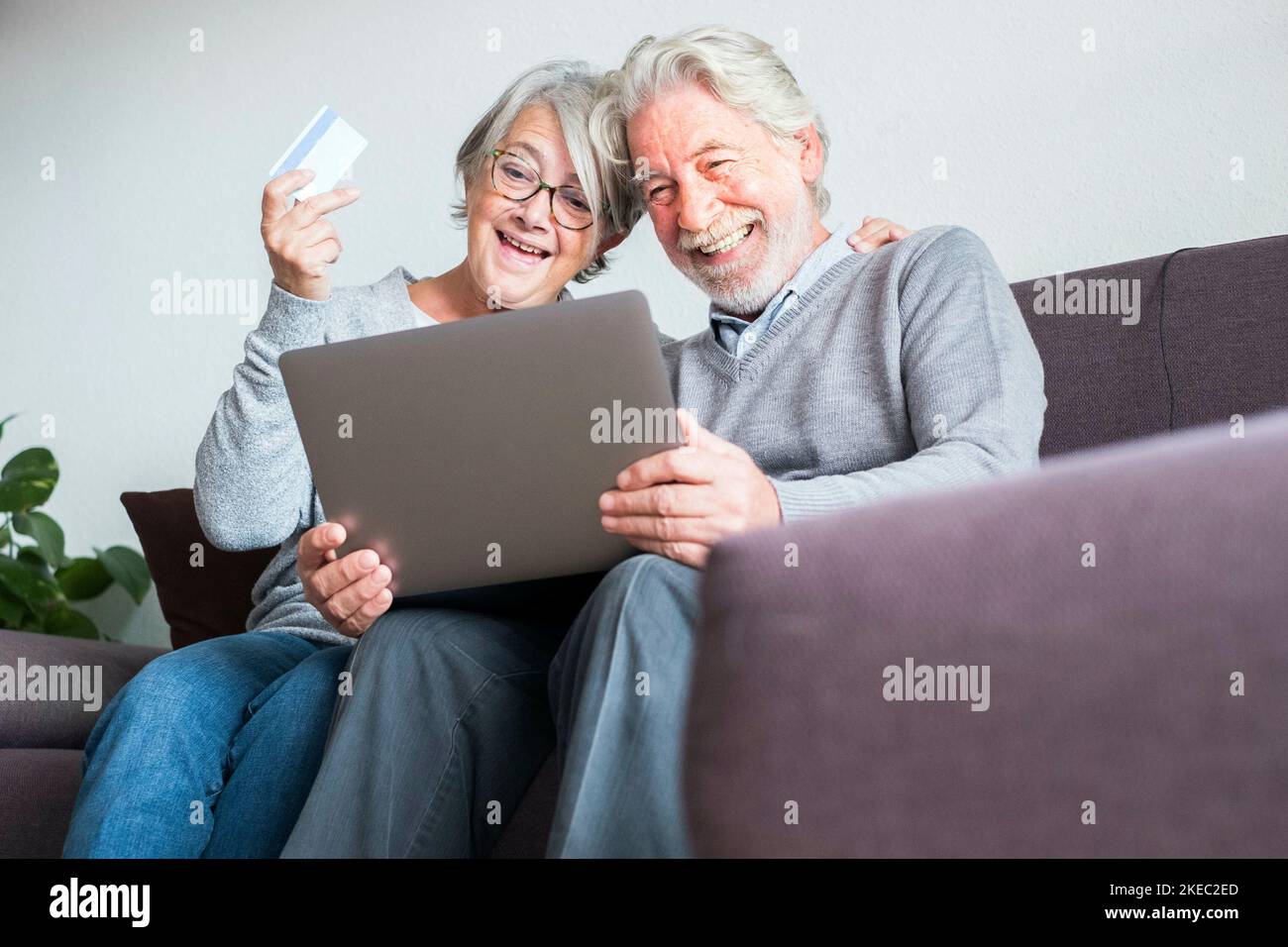 one mature couple of poeple on the sofa using her laptop and their credit card to buy something - shopping online concept and shopaholic - senior at home doing gifts and presents with the sales Stock Photo