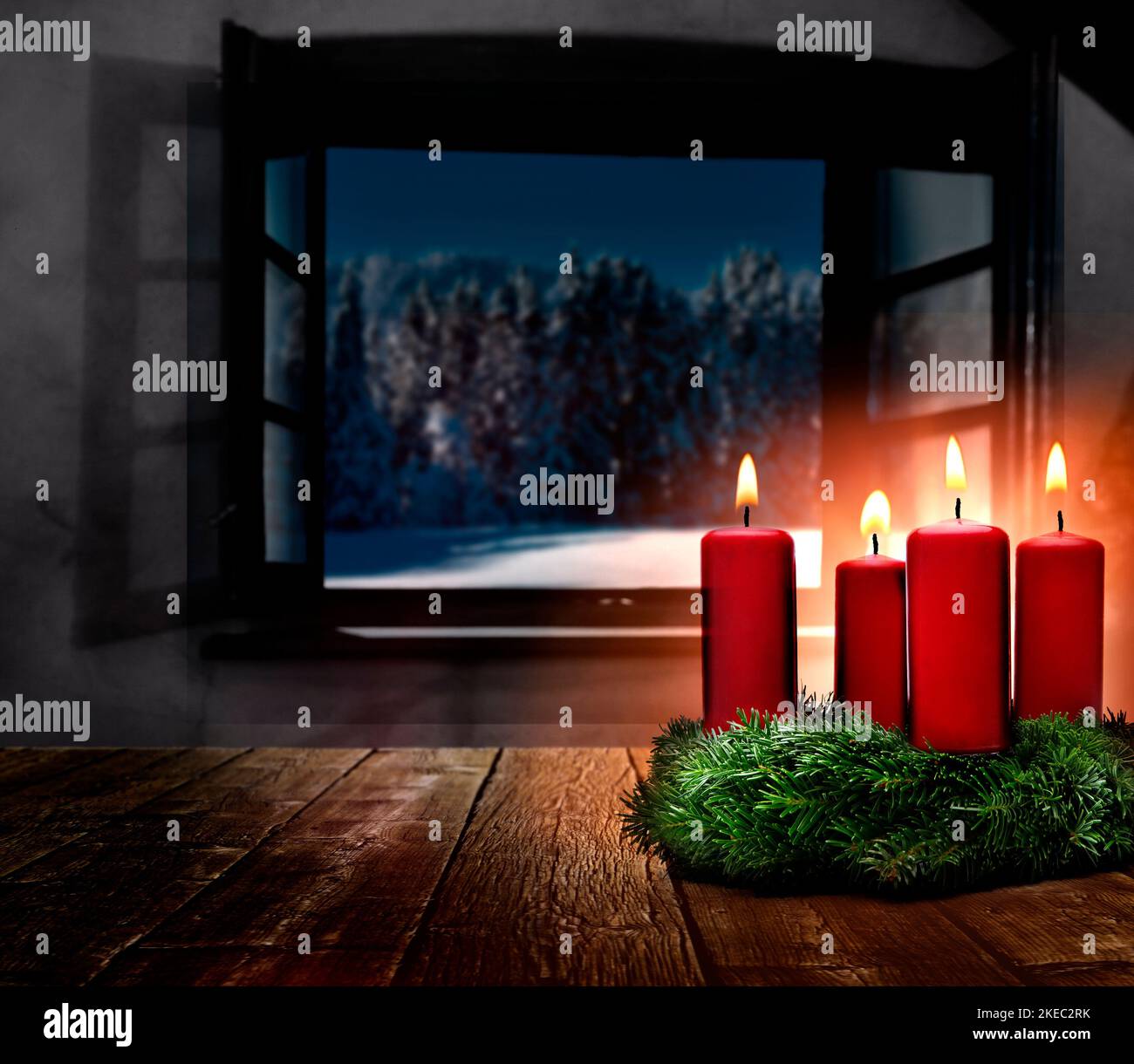 Open window at Christmas with Advent wreath Stock Photo Alamy