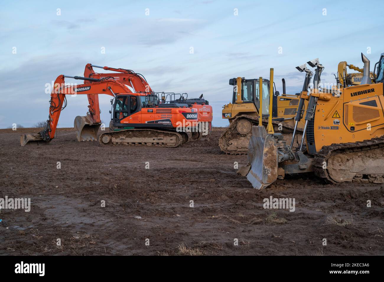 Construction site with excavator and bulldozer in summer Stock Photo ...