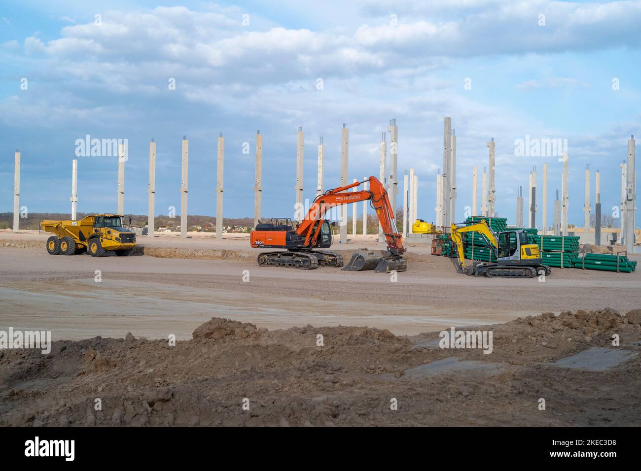 Construction site with excavator and bulldozer in summer Stock Photo ...