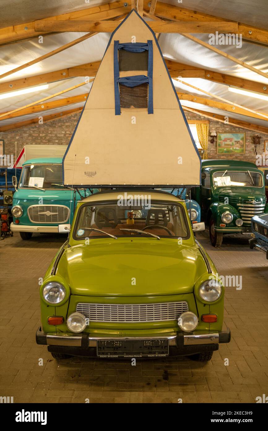 DDR Museum in Dragen on the island of Usedom in Mecklenburg Western Pomerania. Trabant with roof tent DDR design. Stock Photo