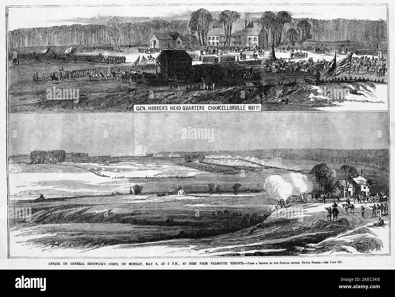 General Joseph Hooker's headquarters, Chancellorville, May 1st, 1863 - Attack on General John Sedgwick's Corps, on Monday, May 4th, at 5 P. M., as seen from Falmouth Heights. Battle of Chancellorsville. 19th century American Civil War illustration from Frank Leslie's Illustrated Newspaper Stock Photo