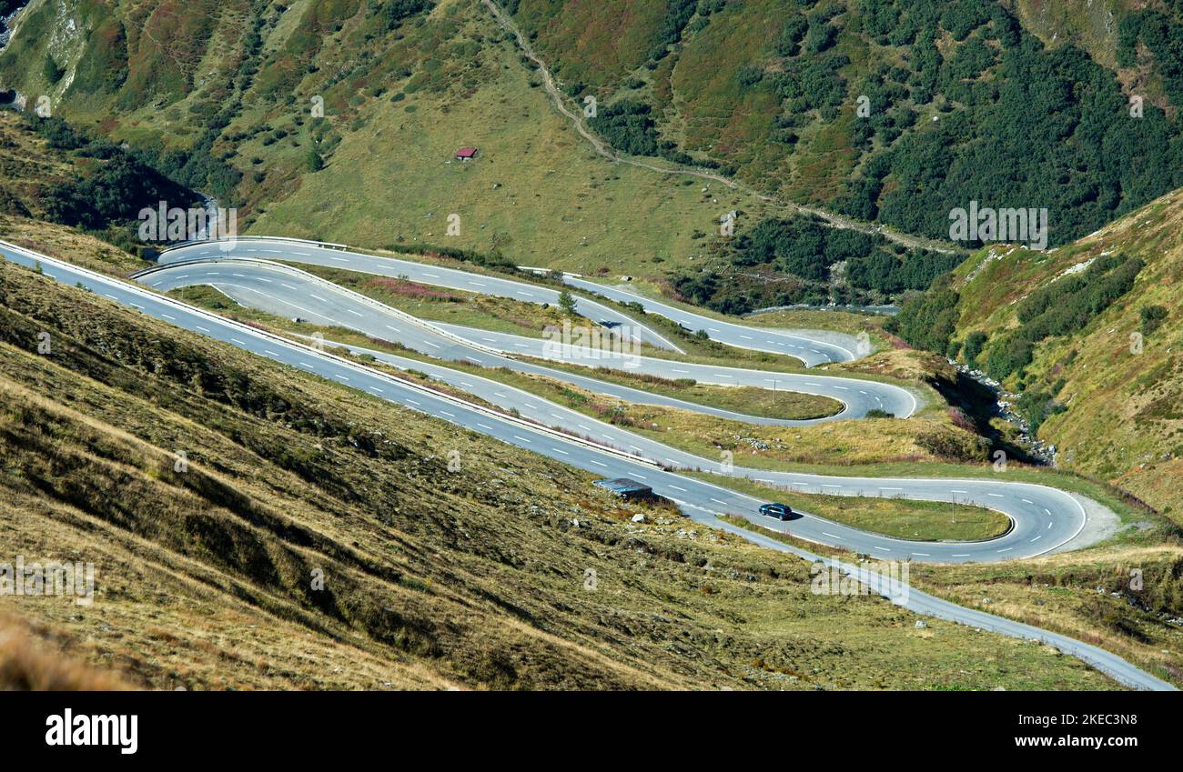 Serpentines of the mountain road to the Nufenen Pass, Ulrichen, Goms, Valais, Switzerland Stock Photo