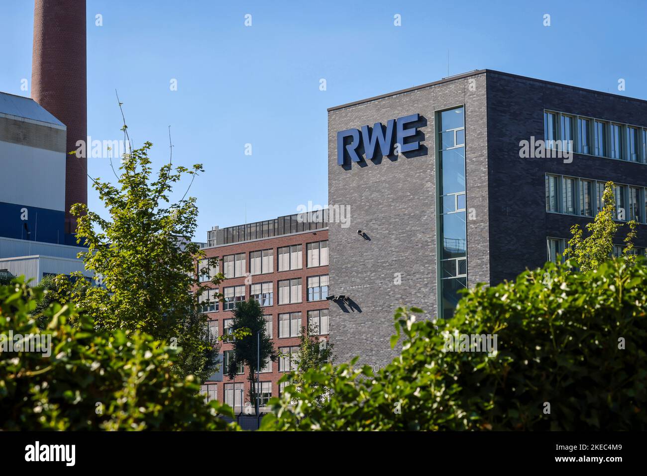 Essen, North Rhine-Westphalia, Germany - RWE, company logo on the facade of the headquarters. RWE headquarters, new RWE campus in the Altenessen district. Stock Photo