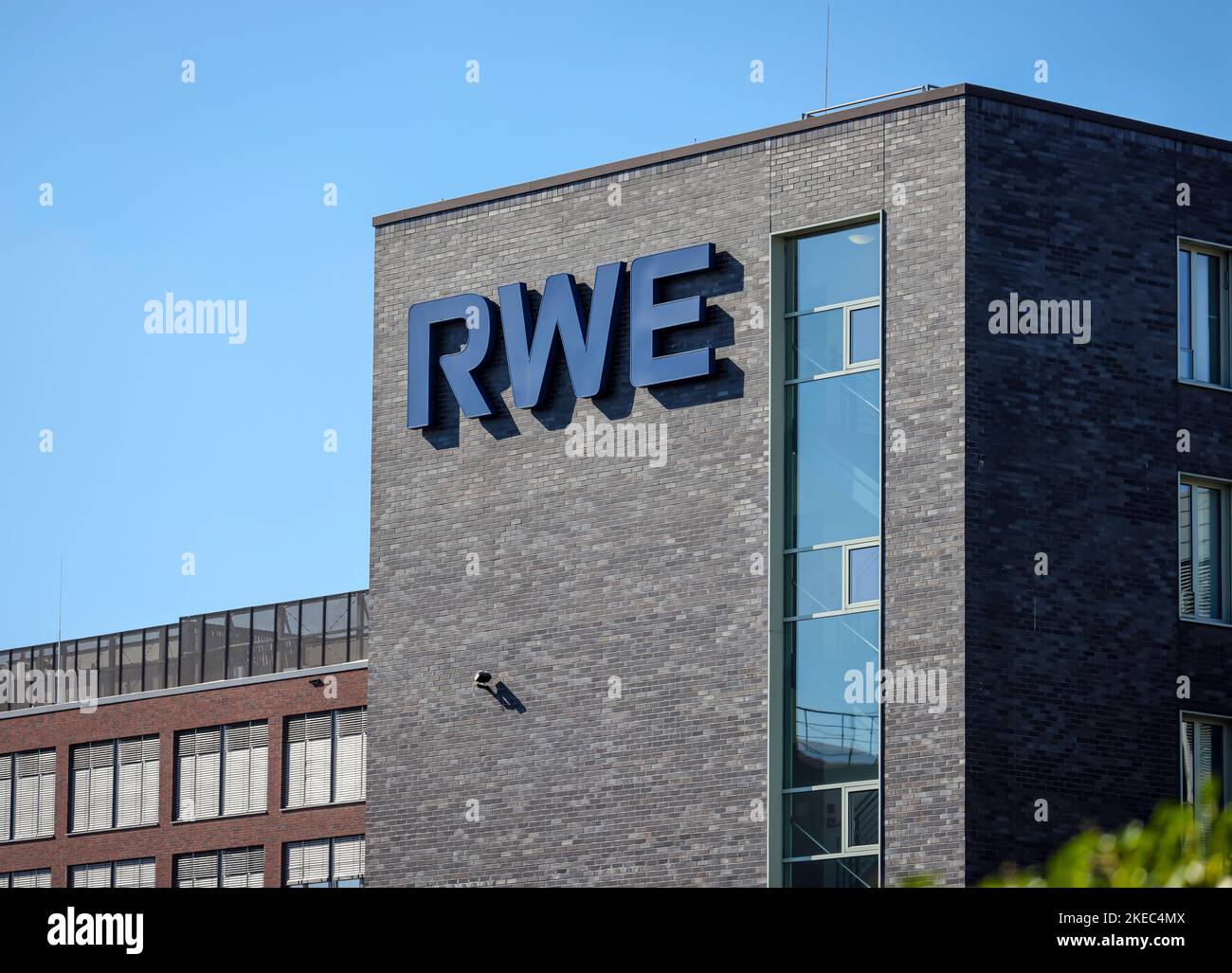Essen, North Rhine-Westphalia, Germany - RWE, company logo on the facade of the headquarters. RWE headquarters, new RWE campus in the Altenessen district. Stock Photo