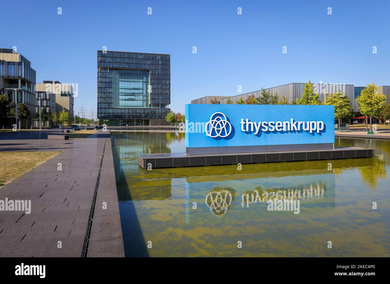 Essen, North Rhine-Westphalia, Germany - ThyssenKrupp, company logo in front of the headquarters. Industrial group focusing on steel processing and Germany's largest steel manufacturer. Stock Photo