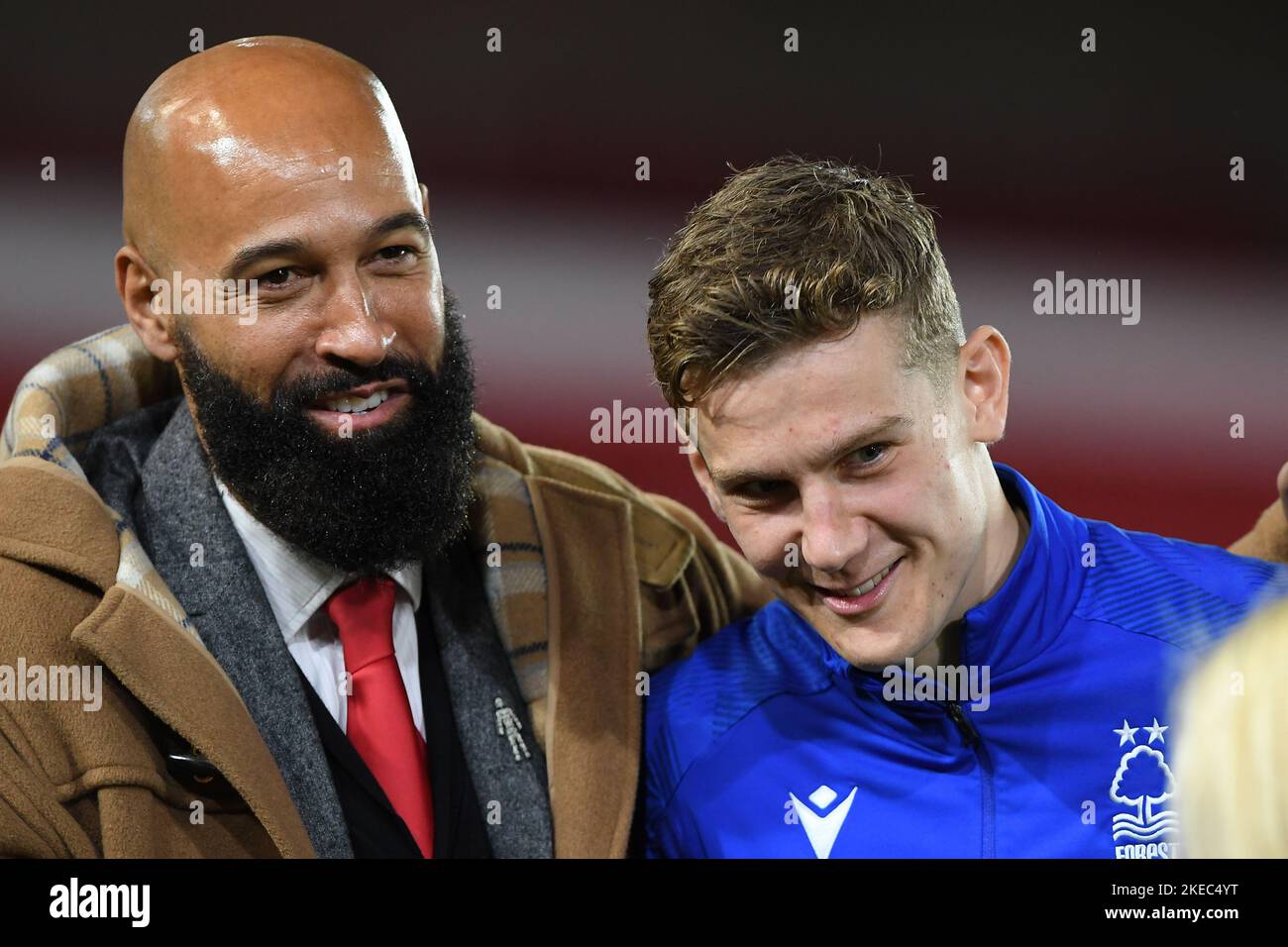 Former Forest player Jason Lee with Ryan Yates of Nottingham Forest during the Carabao Cup Third Round match between Nottingham Forest and Tottenham Hotspur at the City Ground, Nottingham on Wednesday 9th November 2022. (Credit: Jon Hobley | MI News) Credit: MI News & Sport /Alamy Live News Stock Photo