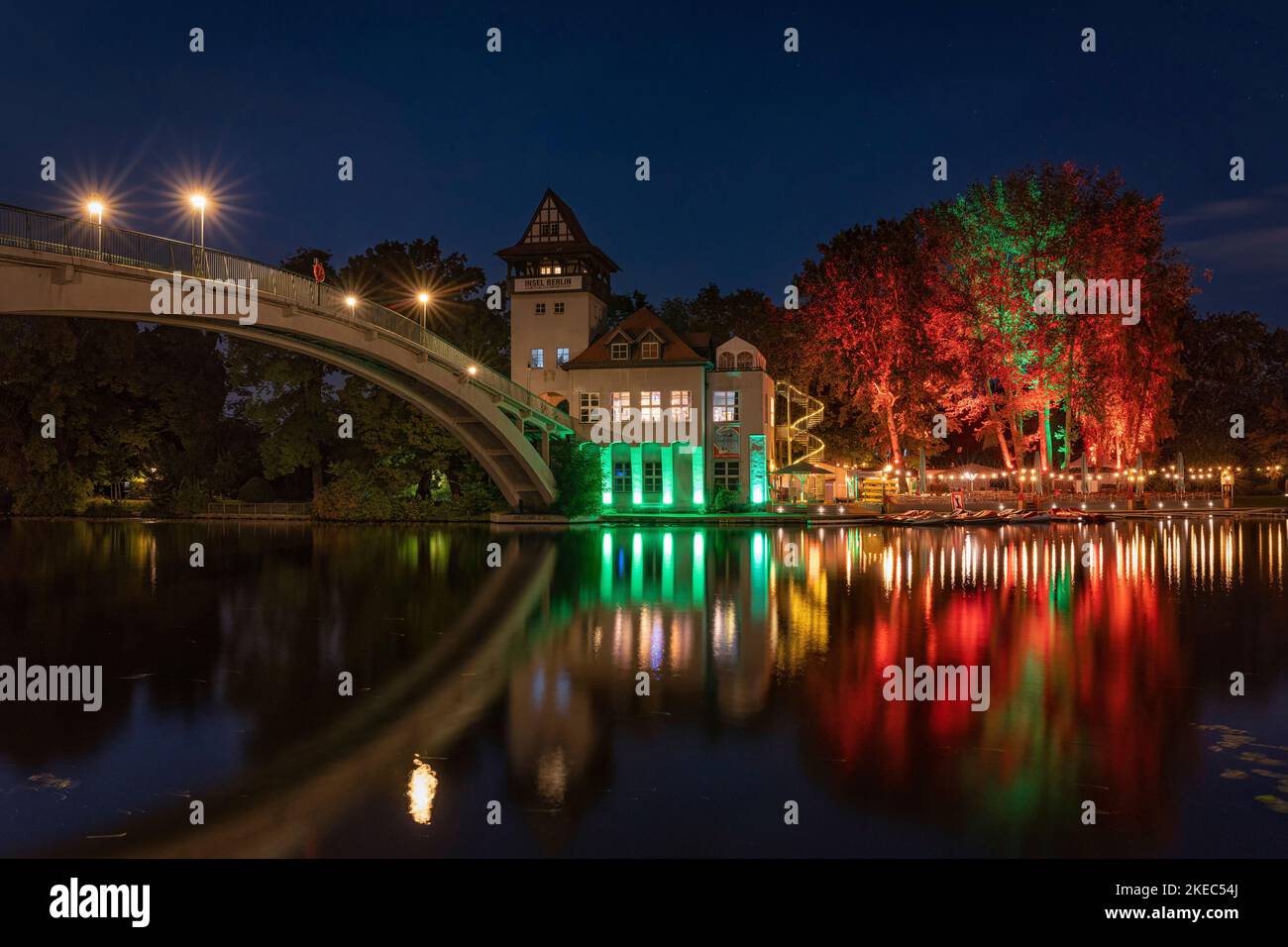 Island of youth and abbey bridge at night. Berlin, Germany. Stock Photo