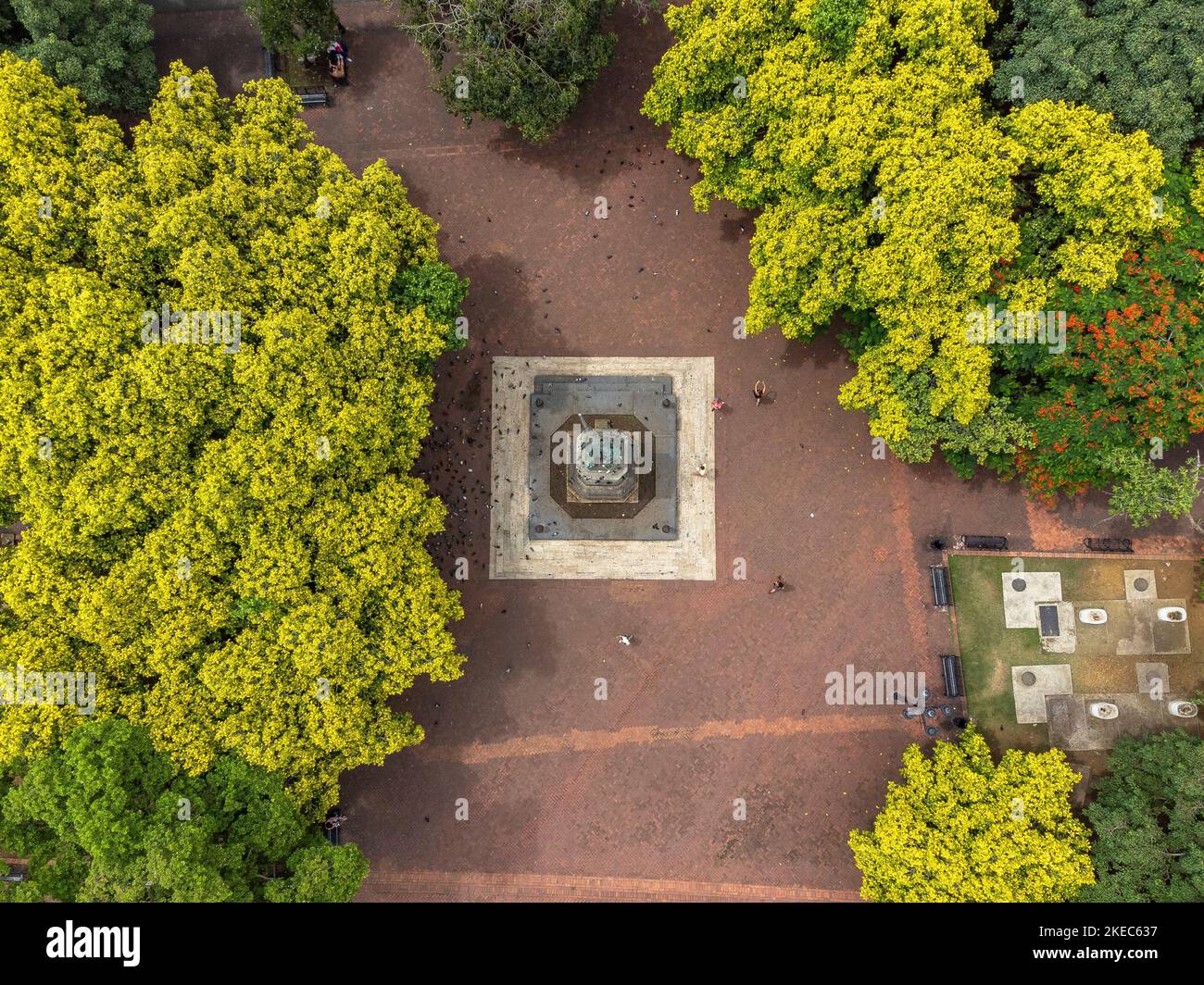 North America, Caribbean, Greater Antilles, Hispaniola Island, Dominican Republic, Santo Domingo, Zona Colonial, Parque Colón and Columbus Statue Bird's Eye View Stock Photo