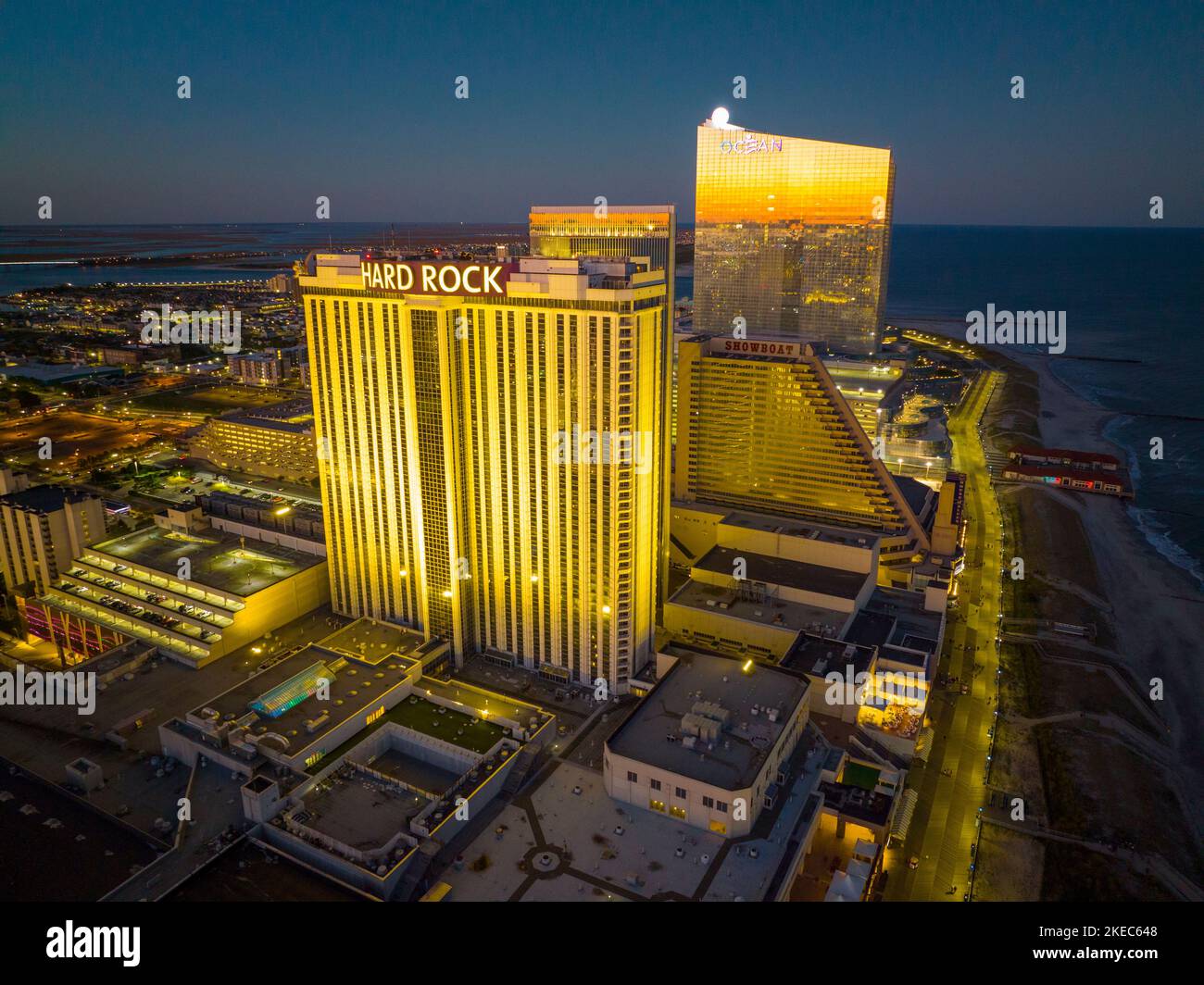 Hard Rock Hotel, Showboat and Ocean Casino Resort at Boardwalk at night in Atlantic City, New Jersey NJ, USA. Stock Photo