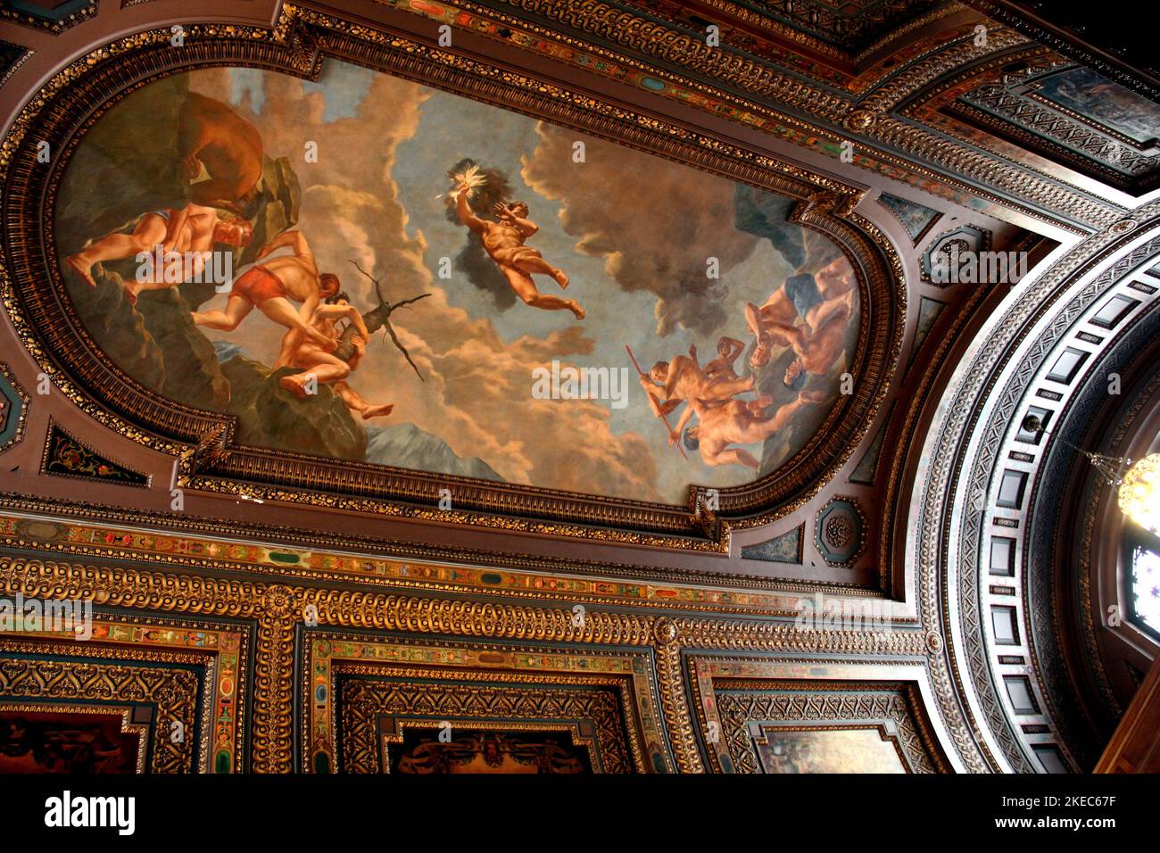 Allegorical painting and woodcarved decorations of the ceiling, interior of the New York Public Library - Stephen A. Schwarzman Building, New York, NY Stock Photo