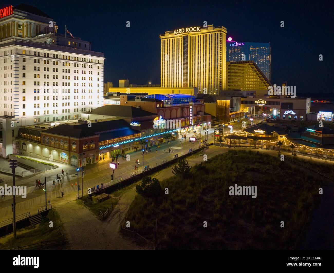 Hard Rock Hotel, Showboat and Ocean Casino Resort at Boardwalk at night in Atlantic City, New Jersey NJ, USA. Stock Photo