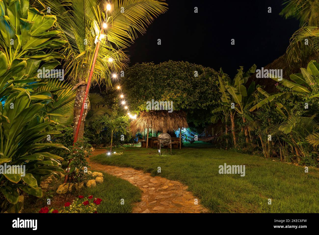 North America, Caribbean, Greater Antilles, Hispaniola Island, Dominican Republic, Sama, Las Galeras, Eco Hotel Chalet Tropical by night Stock Photo