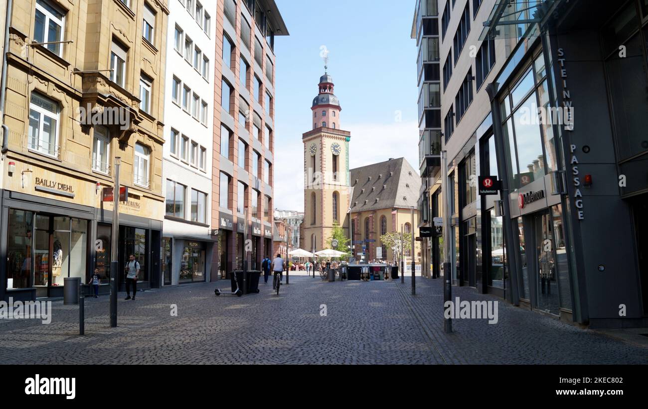 St. Catherine's Church clock tower, view from Steinweg, Frankfurt, Germany Stock Photo