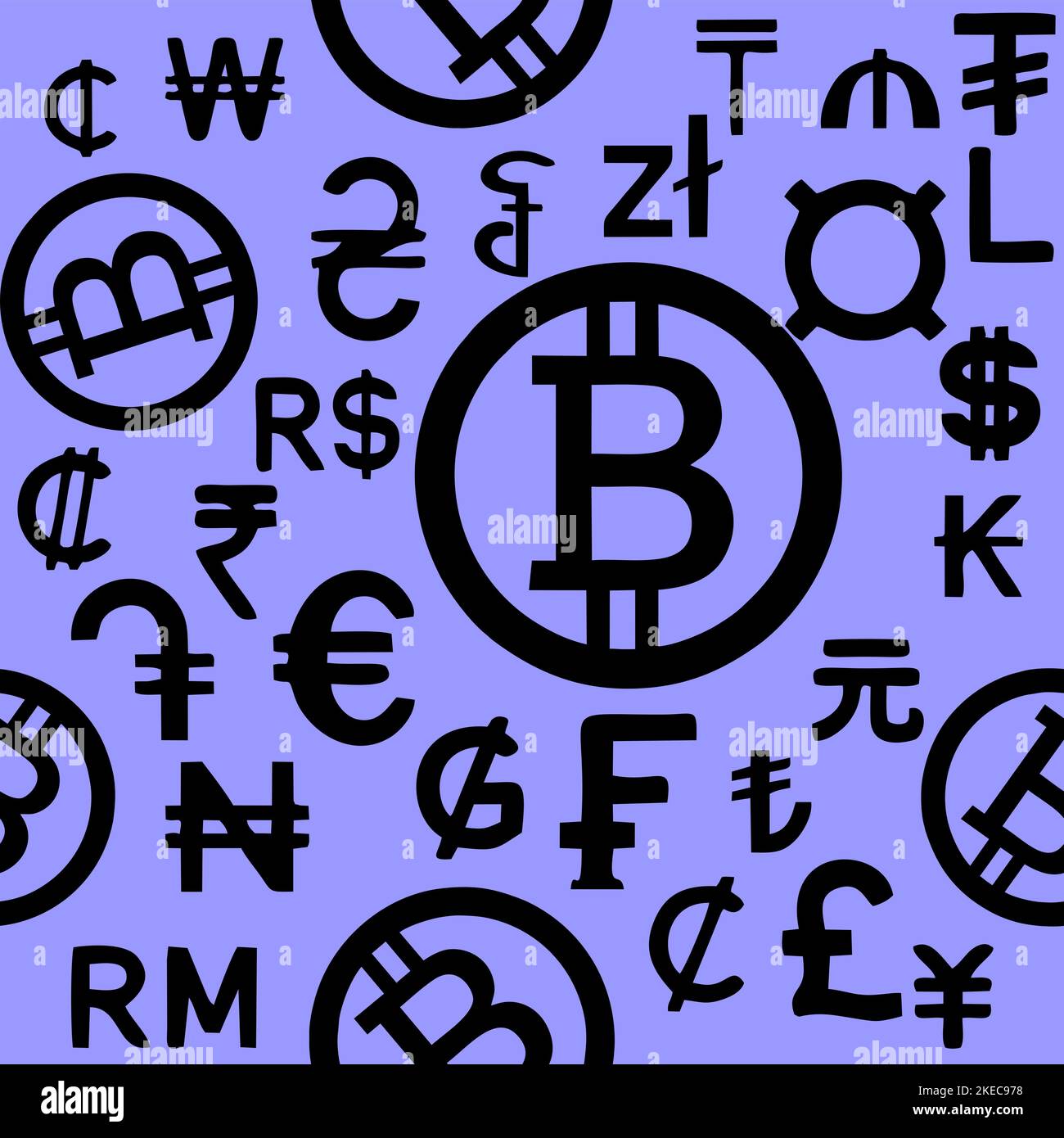 seamless black pattern of graphic symbols of different currencies of the world on a light blue background, texture, design Stock Photo