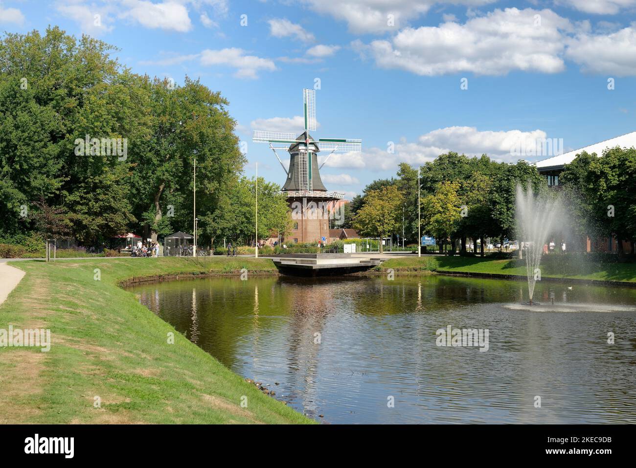 View from the city park to Meyers Mühle, Papenburg, Emsland, Lower Saxony, Germany Stock Photo