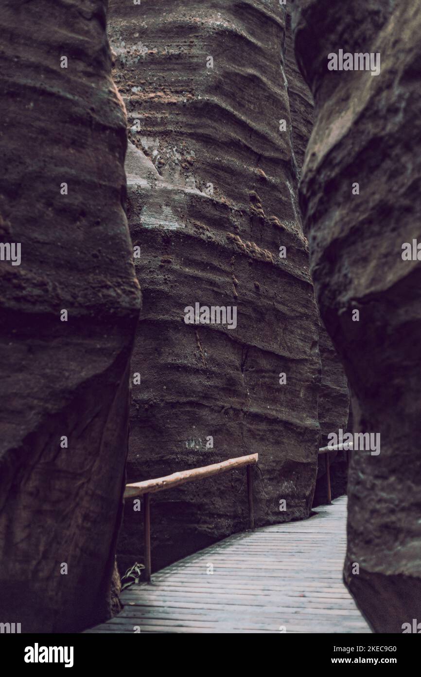 wooden mountain trail between rocks Stock Photo Alamy