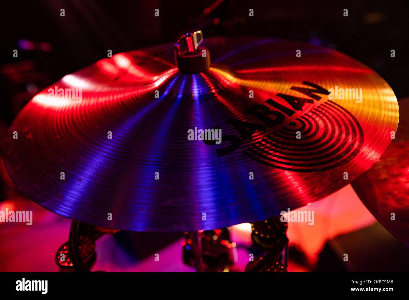 Lviv, Ukraine November 2, 2022 Sabian cymbals on concert stage Stock