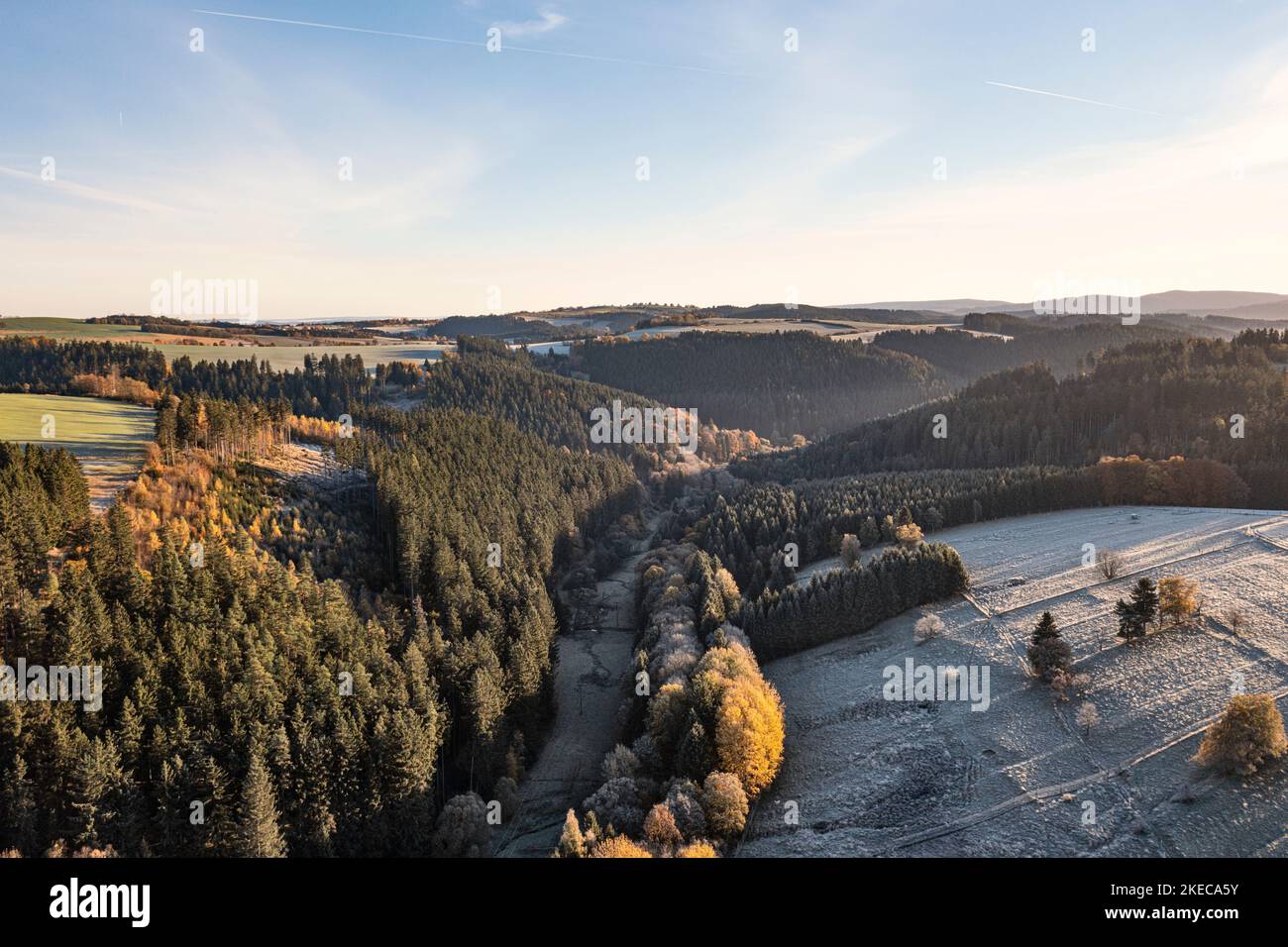 Germany, Thuringia, Großbreitenbach, Friedersdorf, valley, forest, fields, woods, mountains, aerial photo, morning light Stock Photo