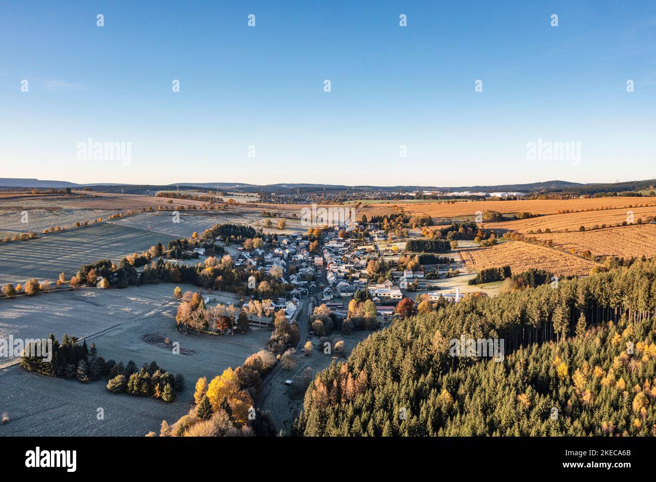 Germany, Thuringia, Großbreitenbach in background, Friedersdorf, fields, forest, aerial photo, morning light Stock Photo