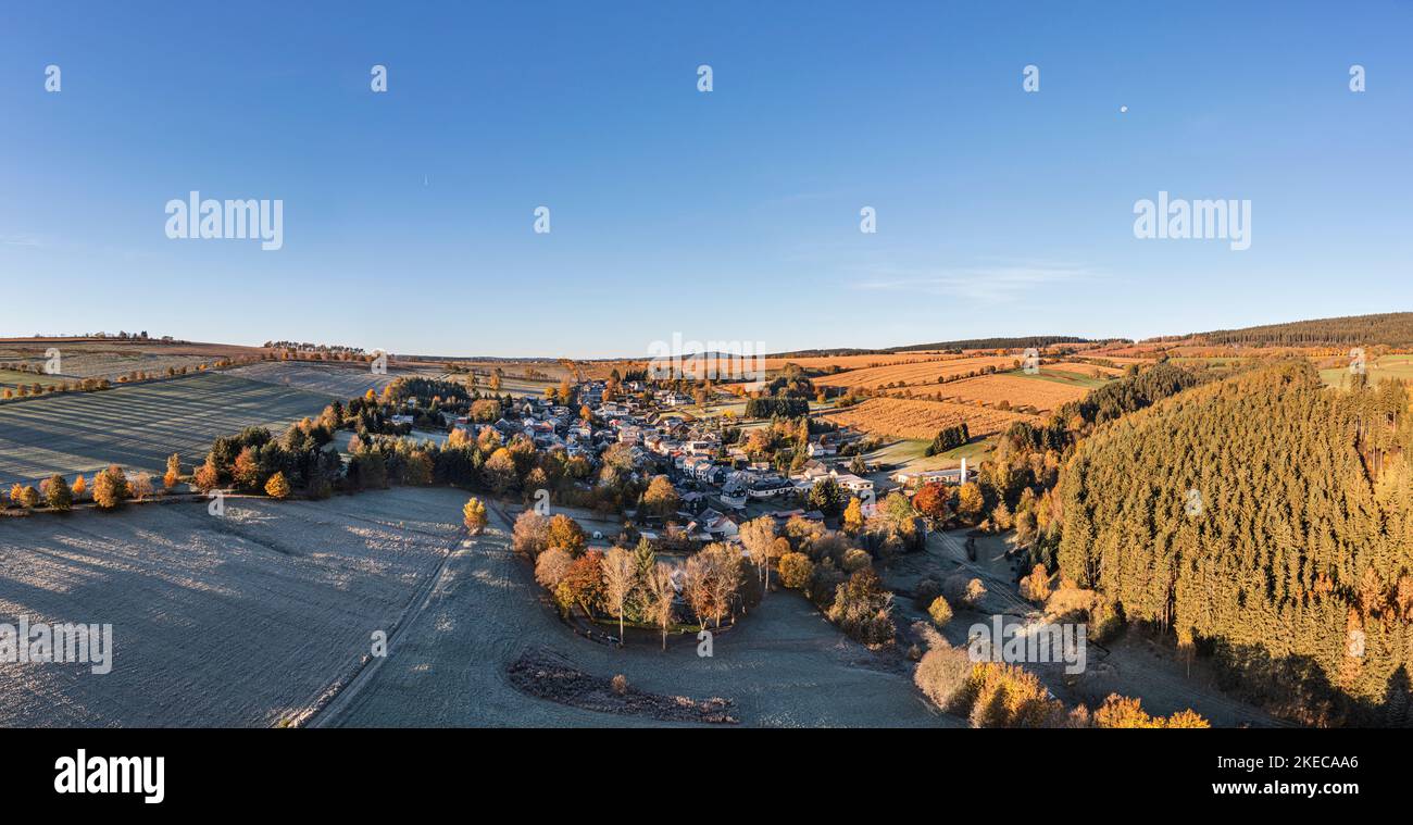 Germany, Thuringia, Großbreitenbach, Friedersdorf, fields, forest, mountains, aerial view, morning light Stock Photo