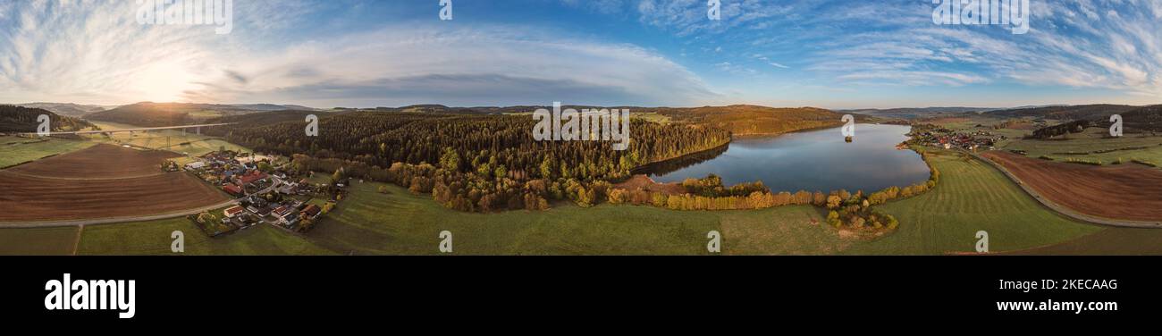 Germany, Thuringia, Schleusingen, Oberrod, Heckengereuth, Ratscher, village, highway, fields, forest, sun, overview, aerial view, partly backlight, 36ö° panorama Stock Photo
