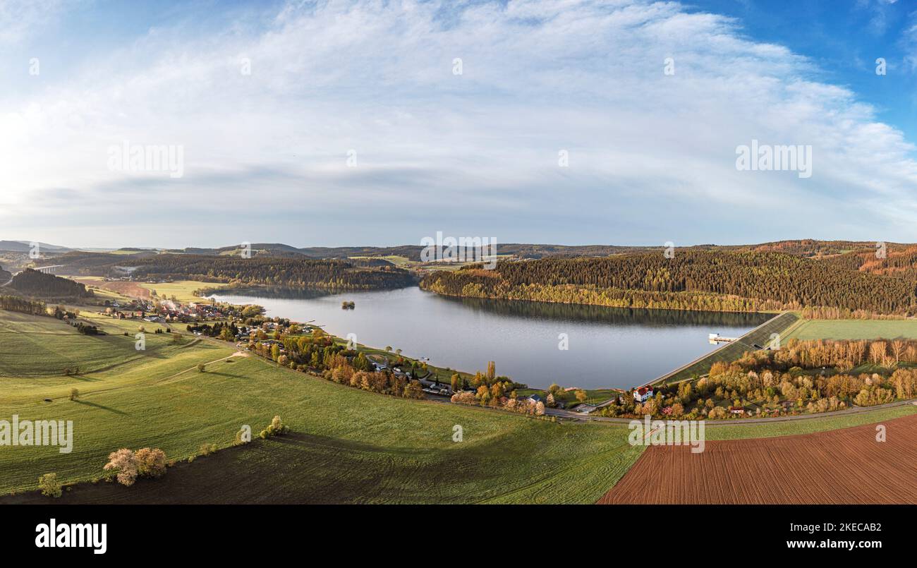 Germany, Thuringia, Schleusingen, Heckengereuth, Ratscher, village, fields, forest, overview, aerial photo, morning light Stock Photo