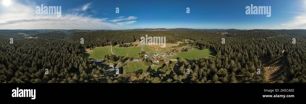 Germany, Thuringia, Frauenwald, Allzunah, village, forest, clearing, roads, Rennsteig (road in the center of the picture), overview, partly, backlight, aerial view, 36ö° panorama Stock Photo