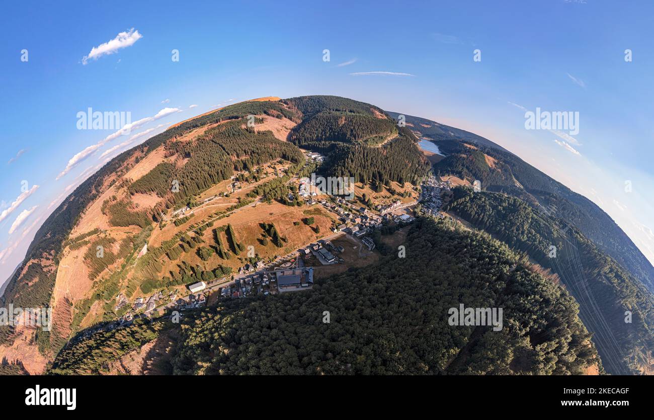 Germany, Thuringia, Goldisthal, village, dam, dam wall, largest pumped storage power plant in Germany, forest, mountains, valleys, overview, overview, aerial view, hemisphere panorama Stock Photo