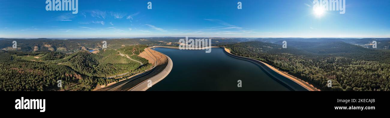 Germany, Thuringia, Goldisthal, upper basin, largest pumped storage power plant in Germany, forest, mountains, sun, overview, aerial view, 36ö° panoramic photo Stock Photo