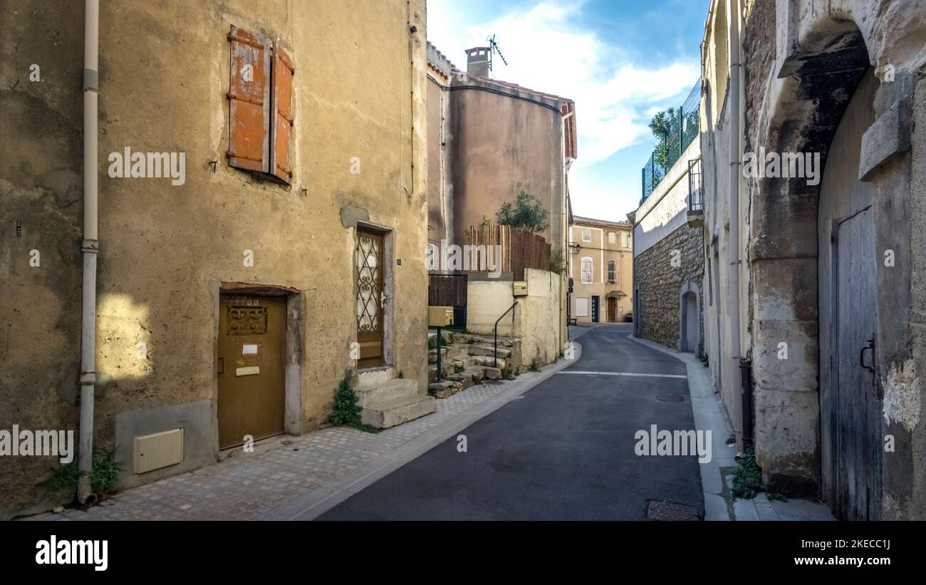 Village street in Saint Marcel sur Aude. Stock Photo