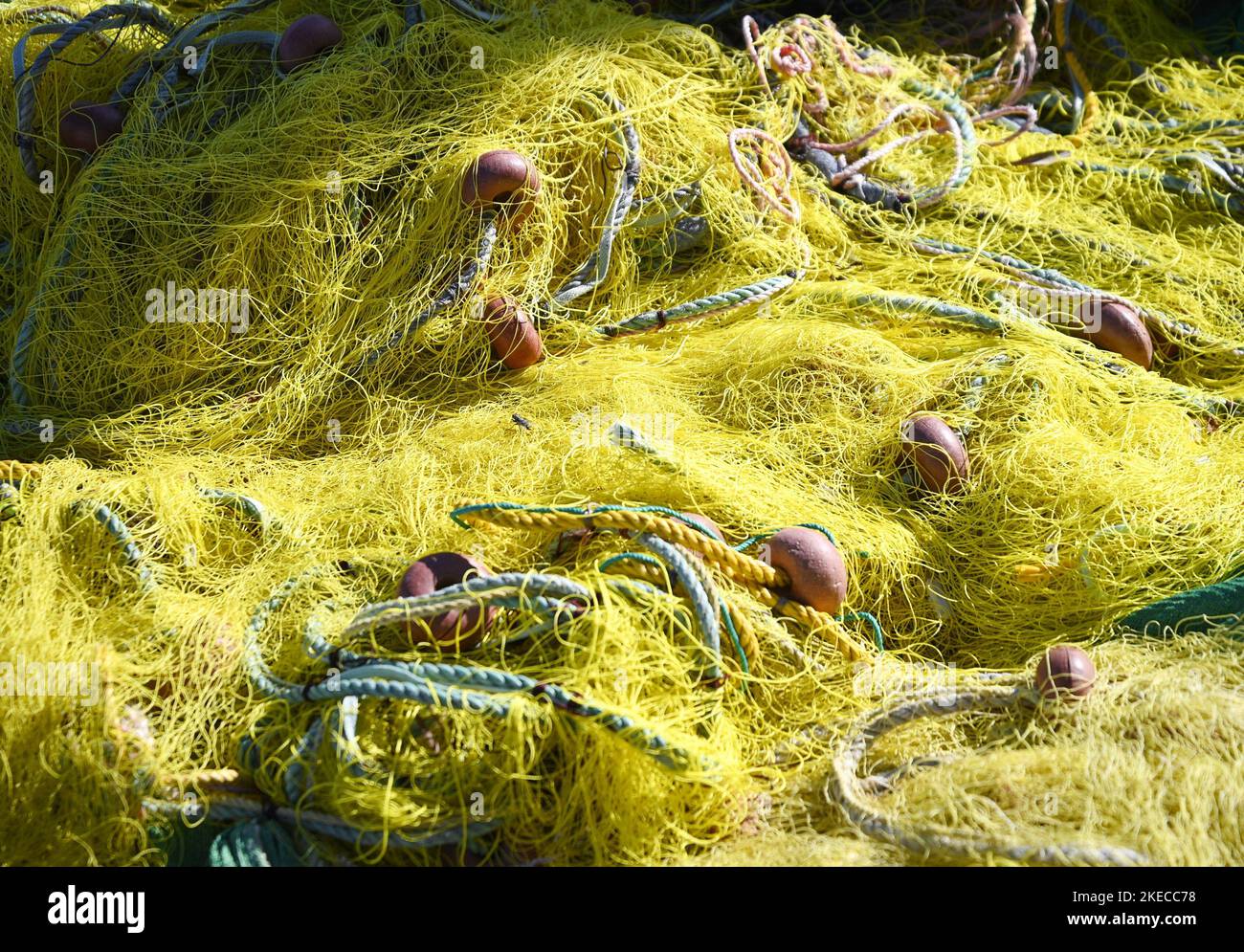 Traditional Greek fishing nets with floaters at the port of Korissia in