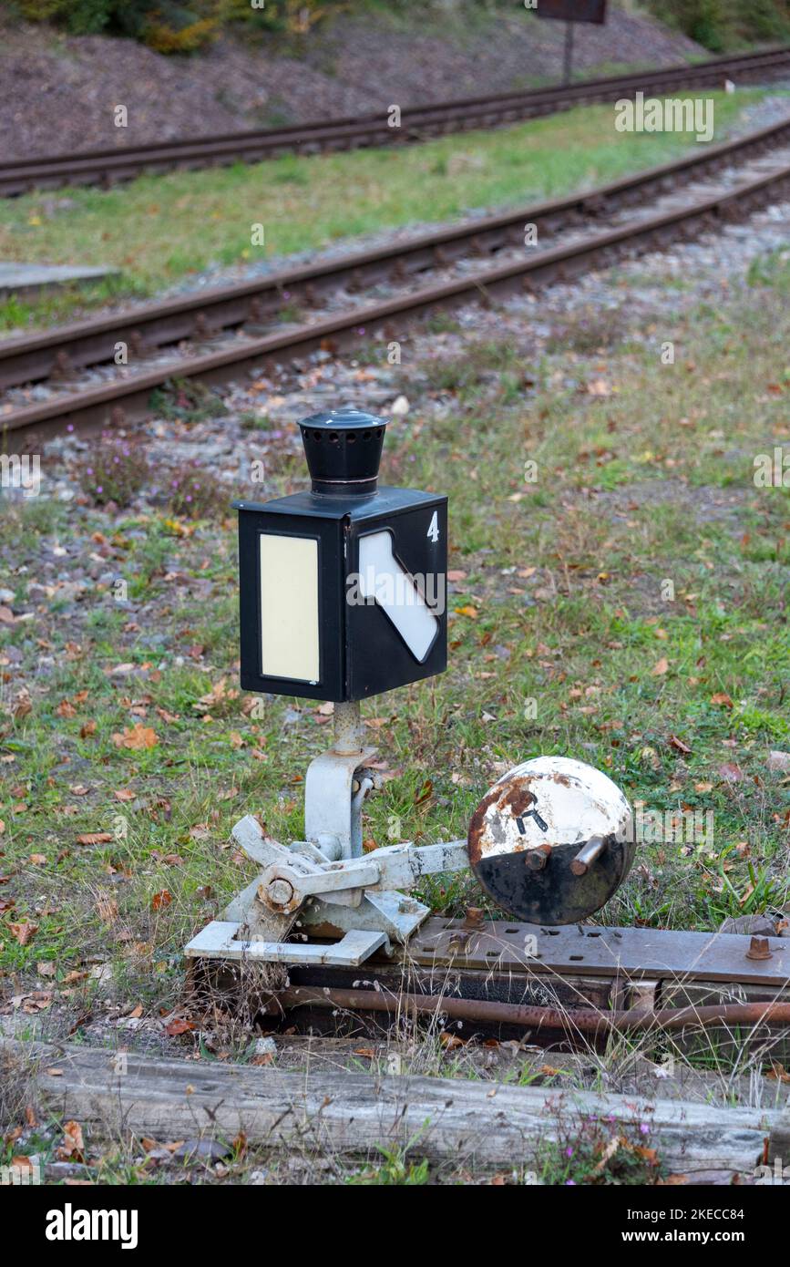 Old hand switch, old switch, rails, disused small railroad, Magdeburgerforth, Saxony-Anhalt, Germany Stock Photo