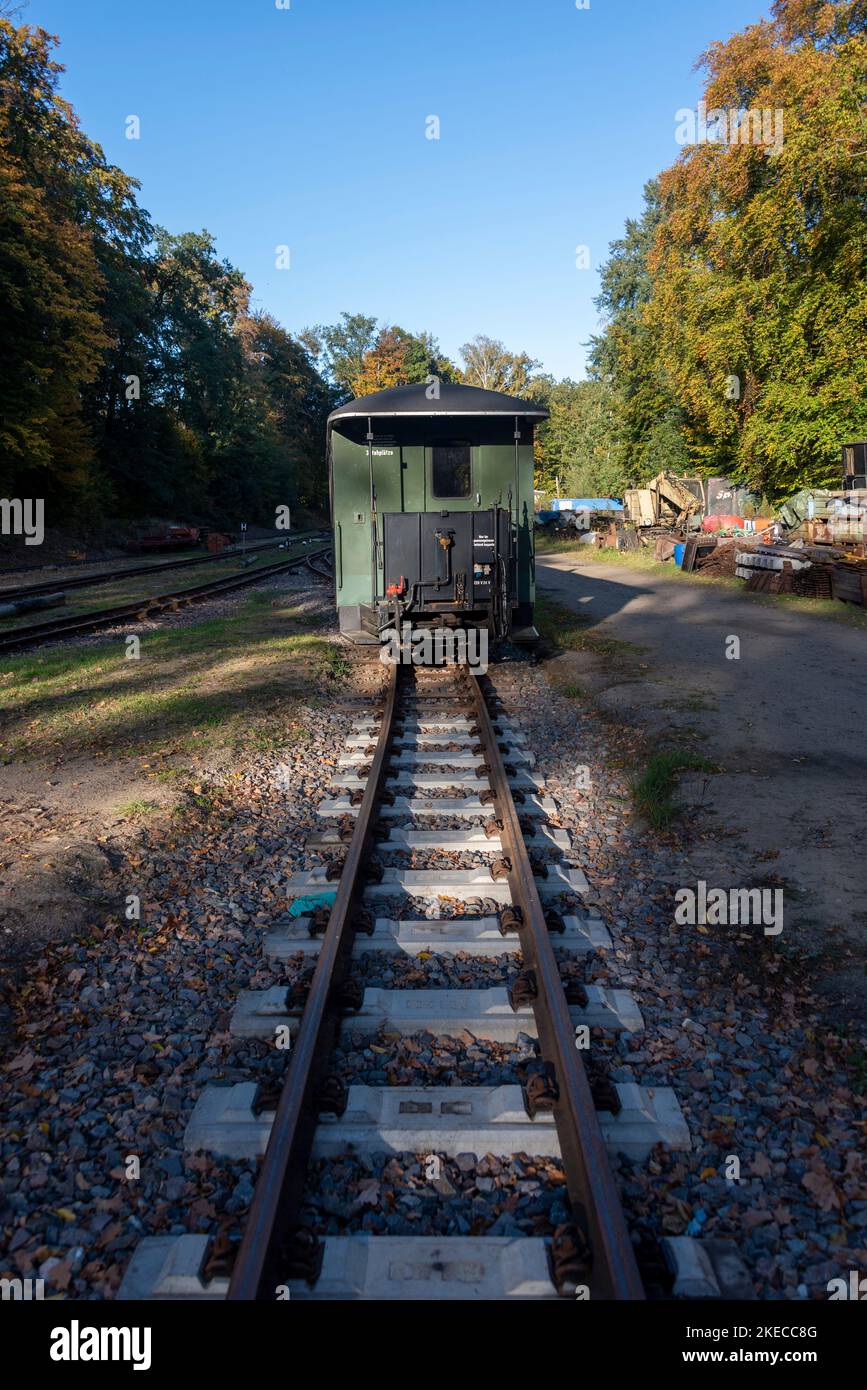 Carriage of a disused small railroad, rails, Magdeburgerforth, Saxony-Anhalt, Germany Stock Photo