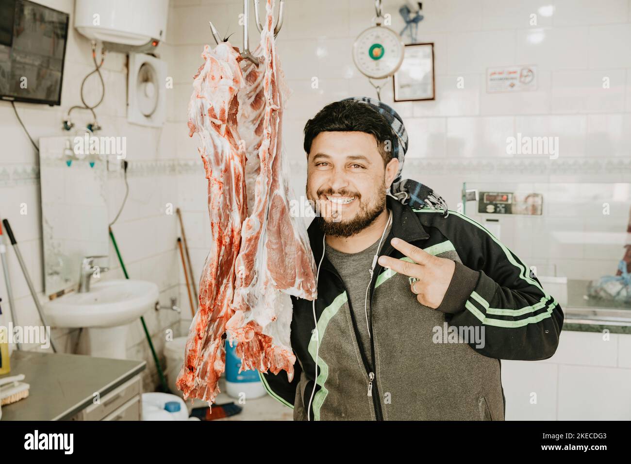 Saudi Arabia, Najran province, Najran, butcher shop, man, meat, portrait Stock Photo